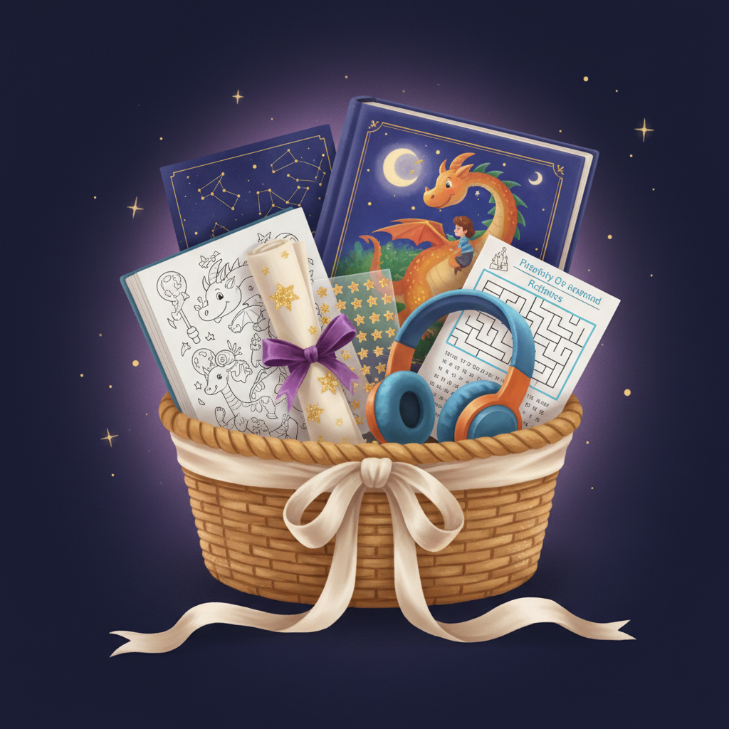 The Keepsake Set in a gift basket — book, audiobook, poster, coloring book, activity pack, and stickers